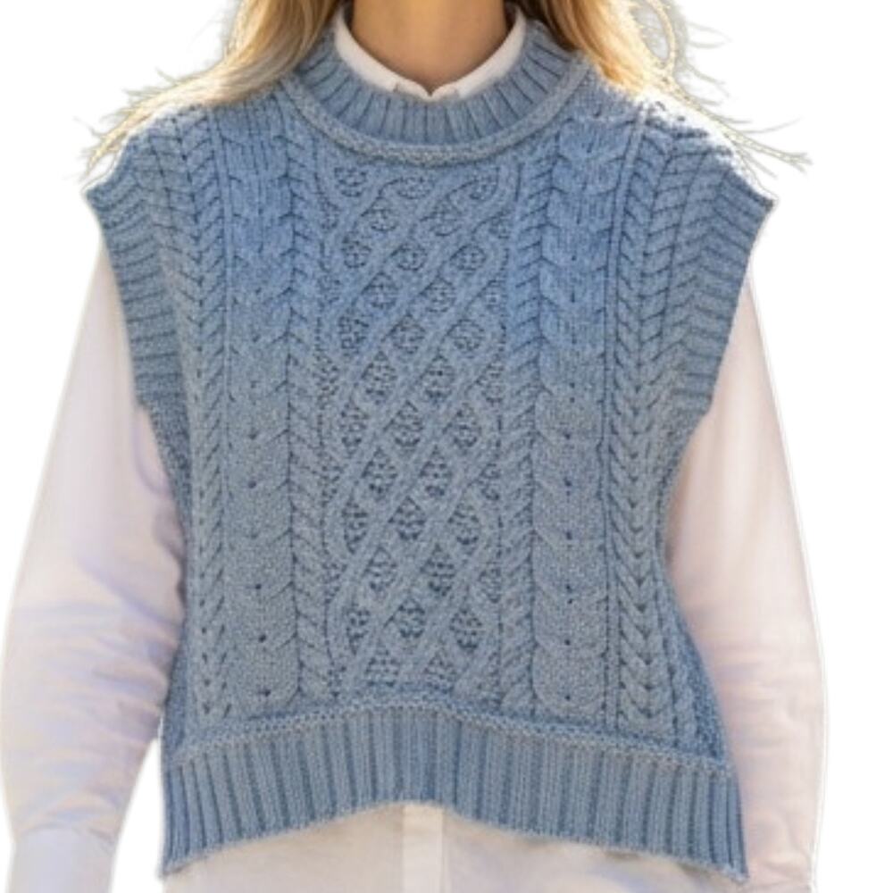 Women's Aran Sweater Market Light Blue Knit Vest 100% Merino Wool Cable Knit  XS